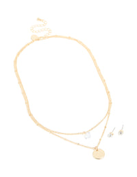 Gold Diamante Layered Necklace & Stud Earrings Set - link has visual effect only