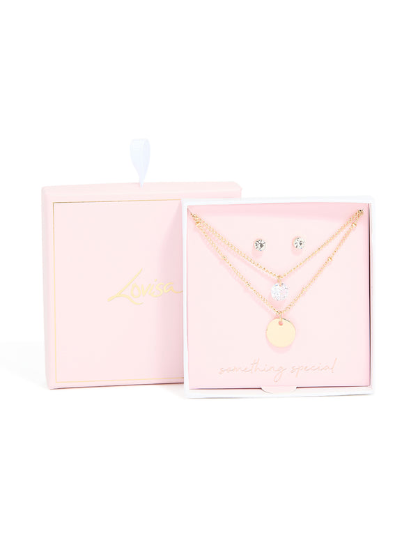 Gold Diamante Layered Necklace & Stud Earrings Set