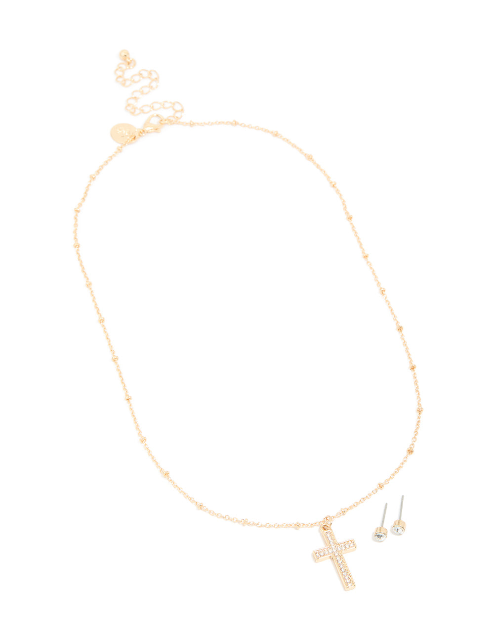 Gold Diamante Cross Pendant Necklace & Stud Earrings Set