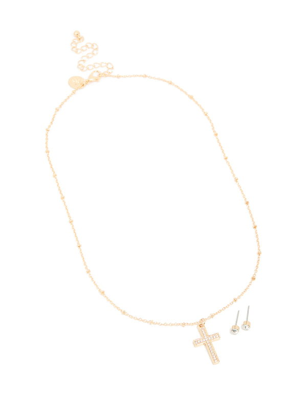 Gold Diamante Cross Pendant Necklace & Stud Earrings Set