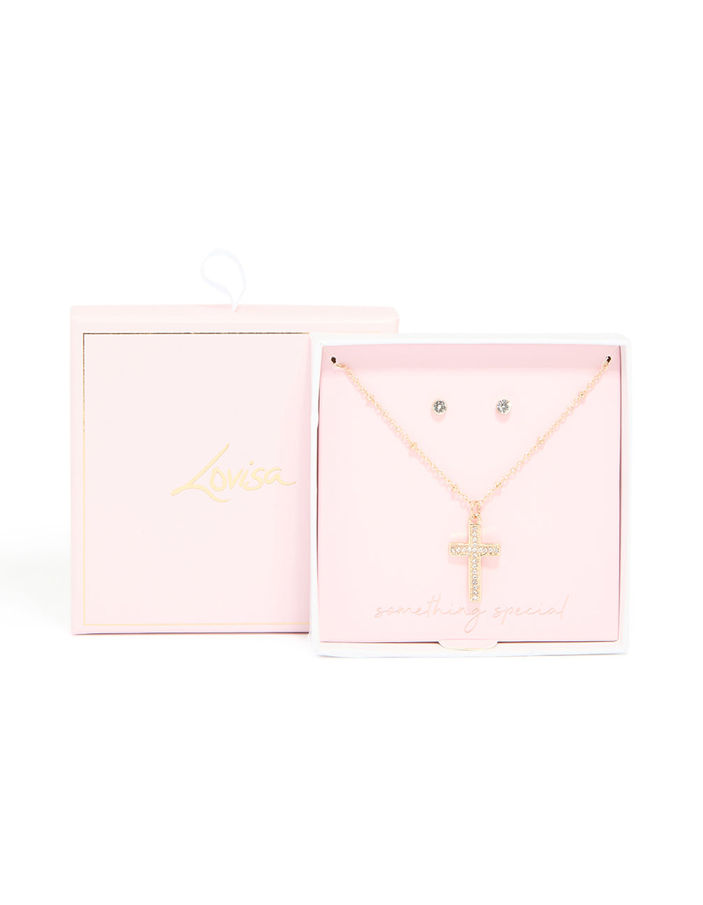 Gold Diamante Cross Pendant Necklace & Stud Earrings Set