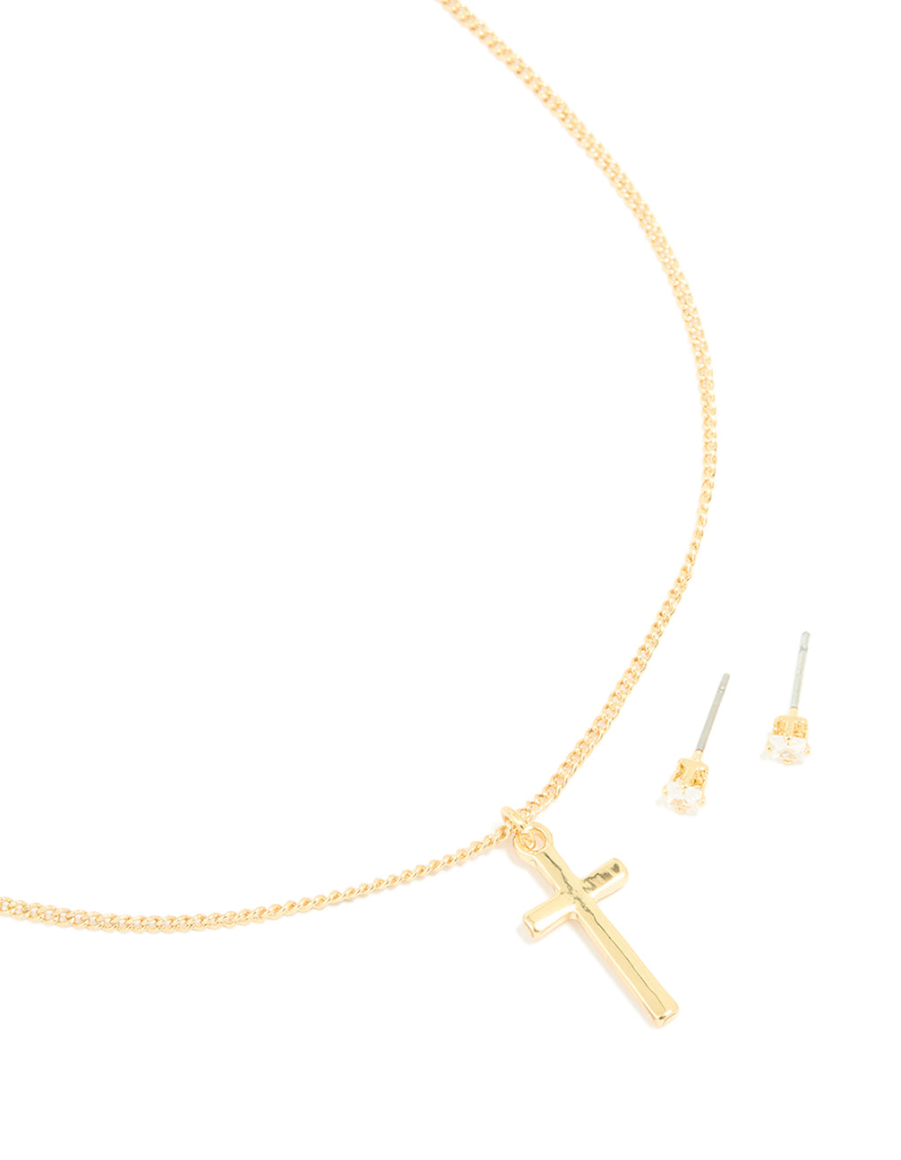 Gold Plated Cross Classic Necklace & Cubic Zirconia Stud Earrings Set