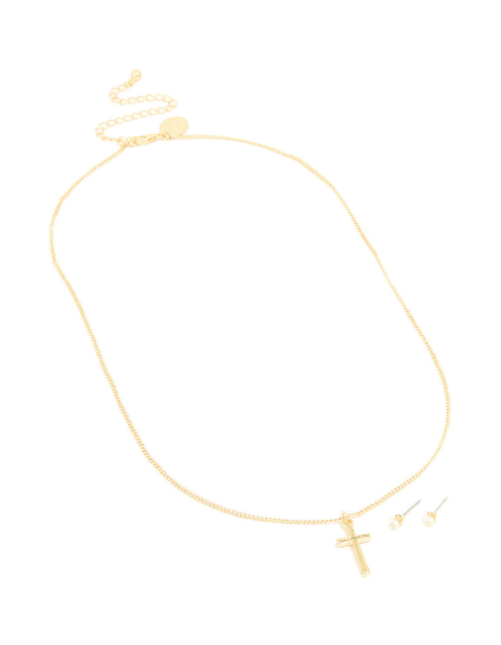 Gold Plated Cross Classic Necklace & Cubic Zirconia Stud Earrings Set