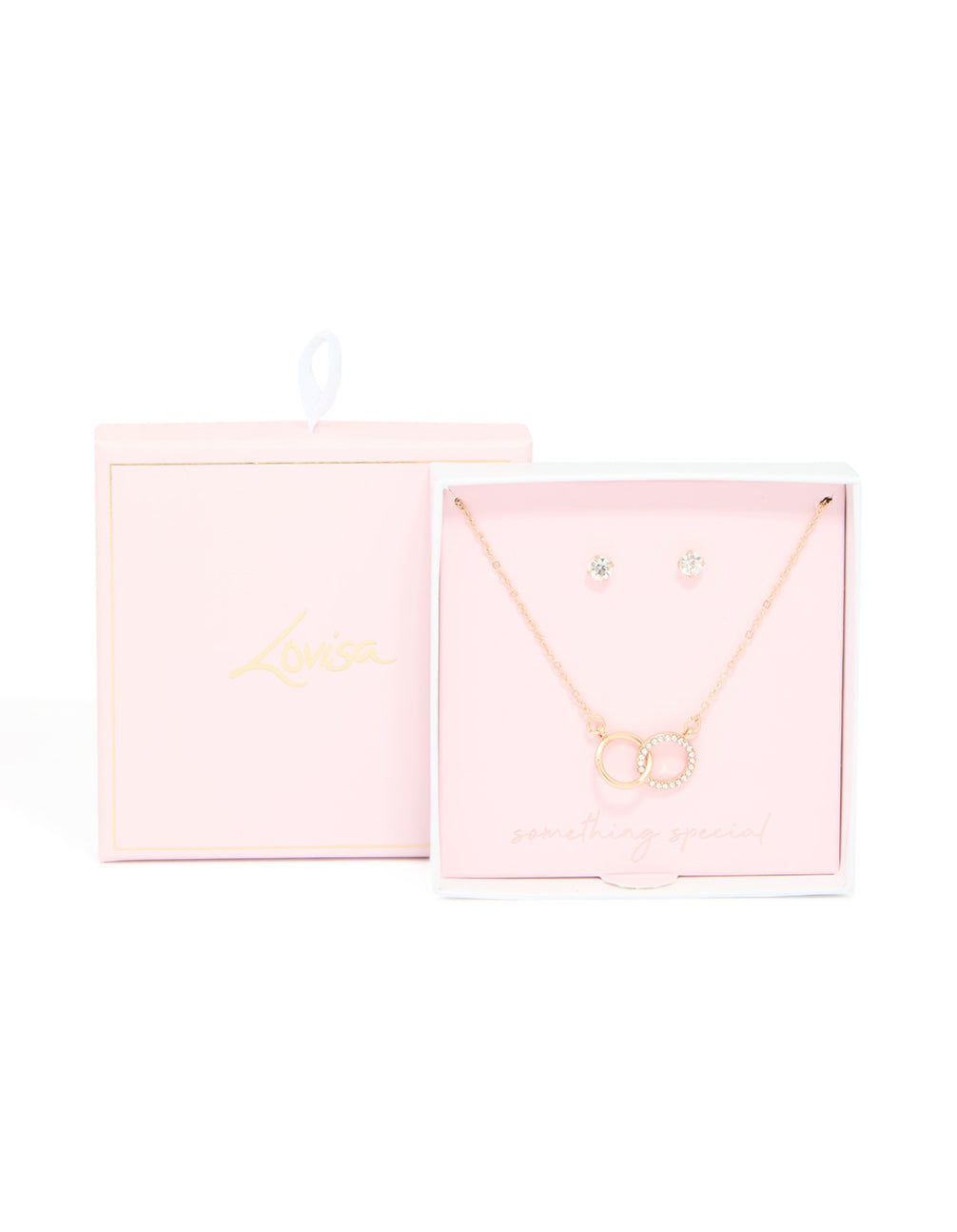 Gold Diamante Linked Circle Necklace & Stud Earrings Set