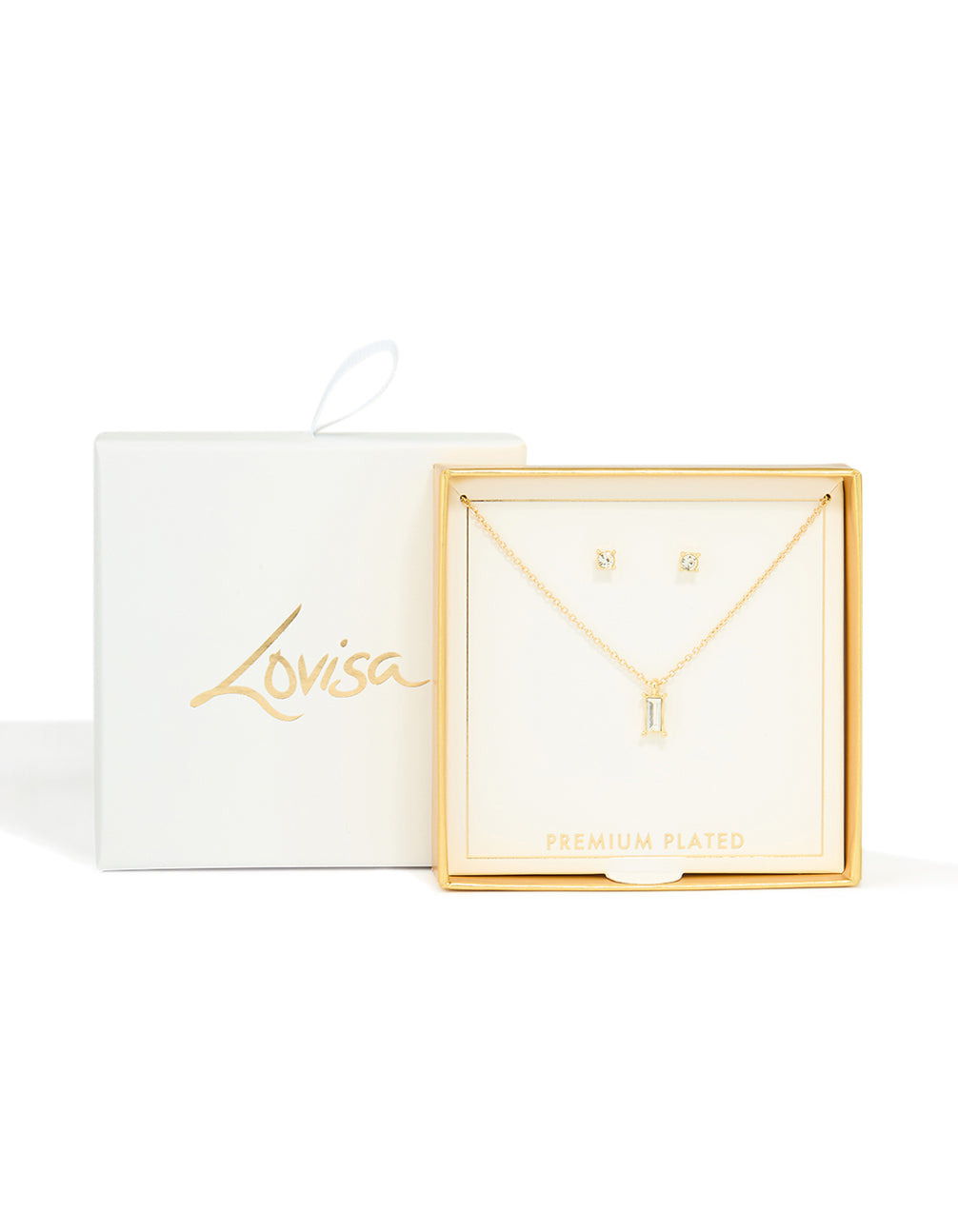 Gold Plated Baguette Pendant Necklace & Earrings Set