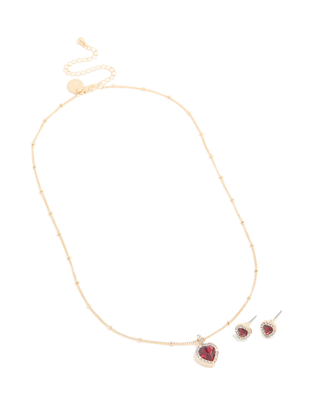 Gold Red Diamante Heart Halo Necklace & Stud Earrings Set