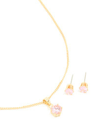 Gold Plated Pink Cubic Zirconia Pendant Necklace & Stud Earrings Set - link has visual effect only