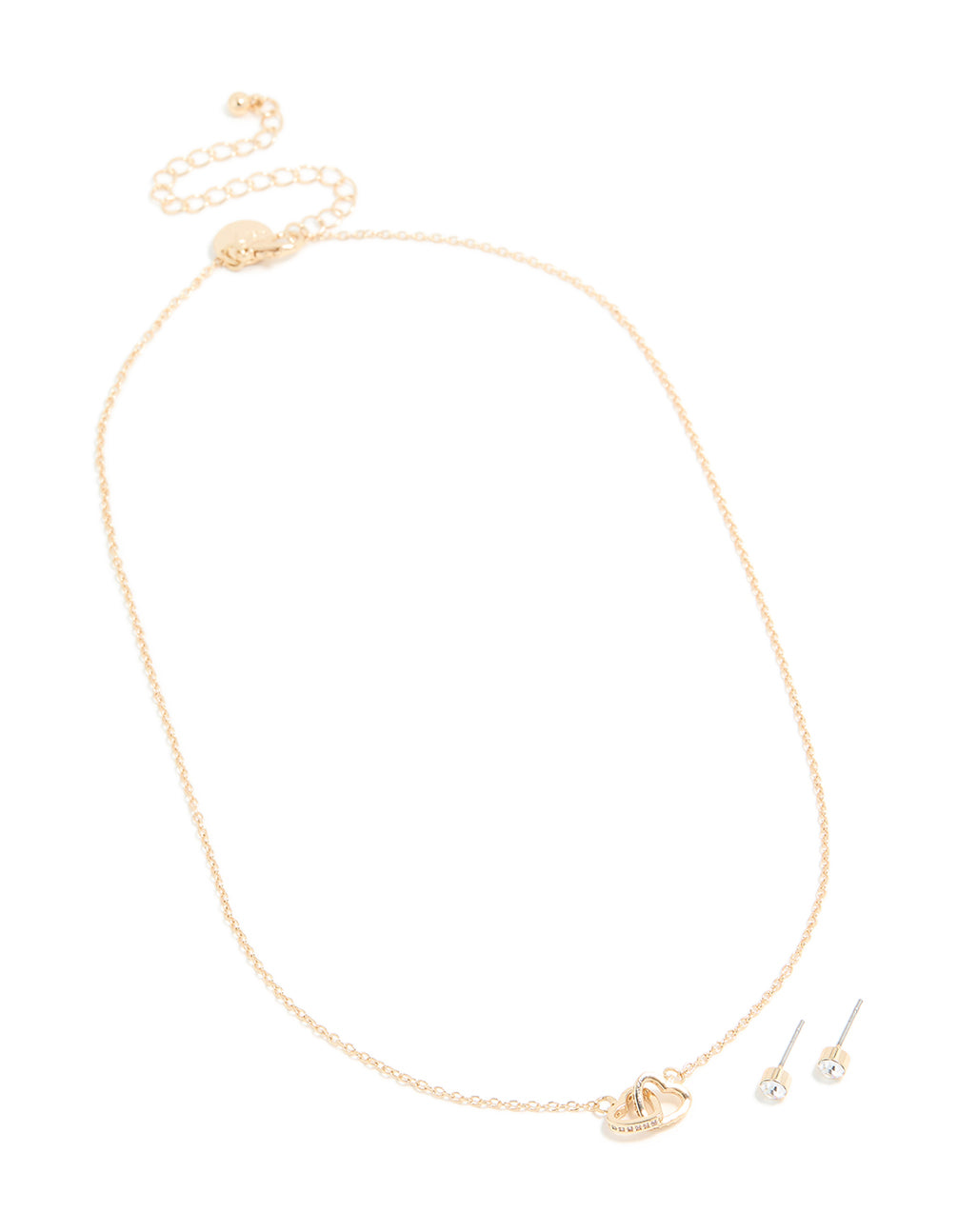 Gold Diamante Linked Heart Necklace & Earrings Set