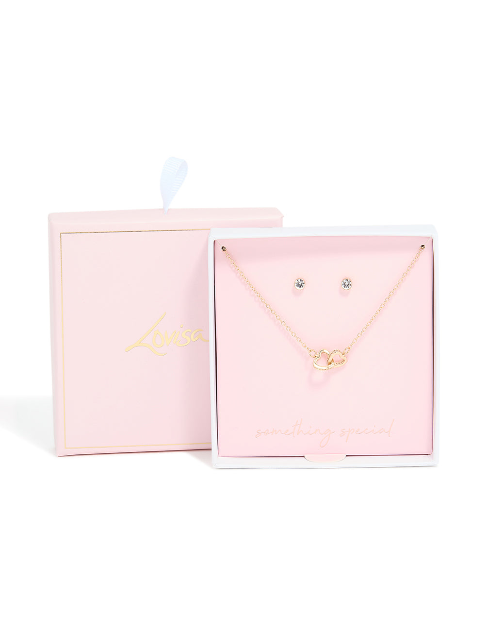 Gold Diamante Linked Heart Necklace & Earrings Set
