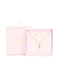 Gold Locket Necklace & Stud Earrings Set - link has visual effect only