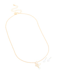 Gold Pearl Butterfly Pendant Necklace & Pearl Stud Earrings Set - link has visual effect only