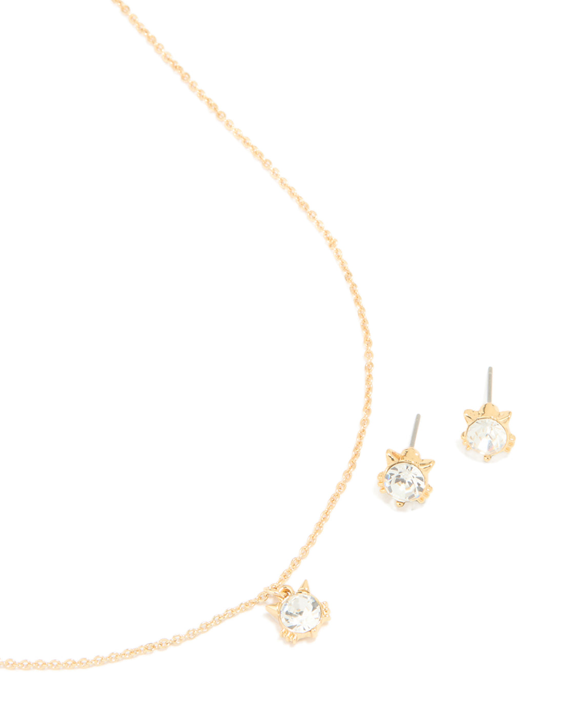 Gold Plated Diamante Cat Ears Necklace & Cat Ear Stud Earrings Set