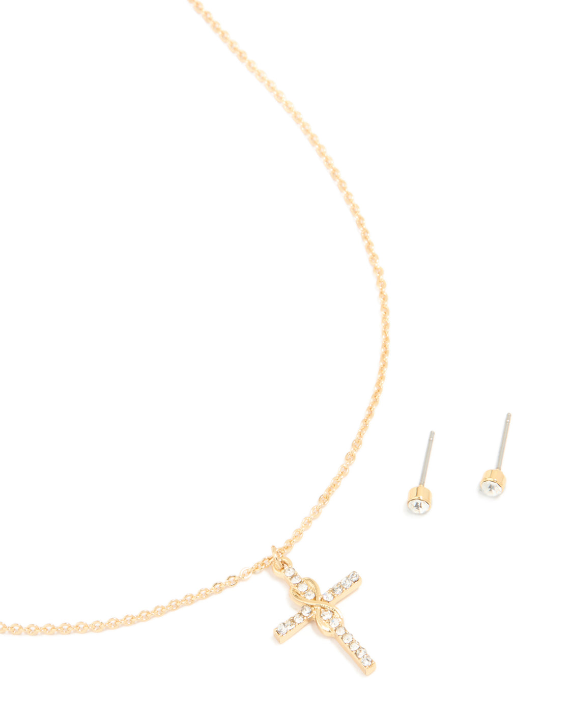 Gold Plated Diamante Cross Necklace & Classic Stud Earrings Set