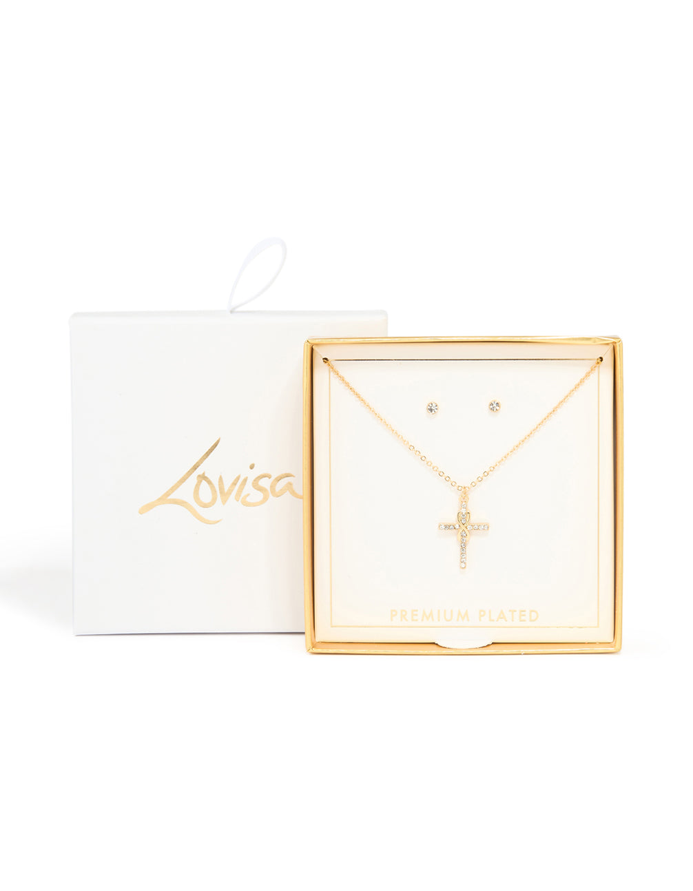 Gold Plated Diamante Cross Necklace & Classic Stud Earrings Set