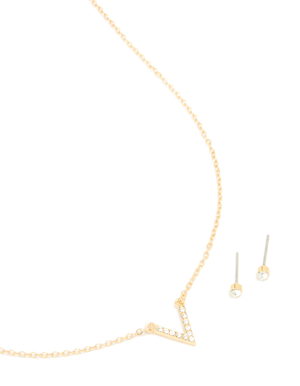 Gold Plated Cubic Zirconia V Pendant Necklace & Stud Earrings Set