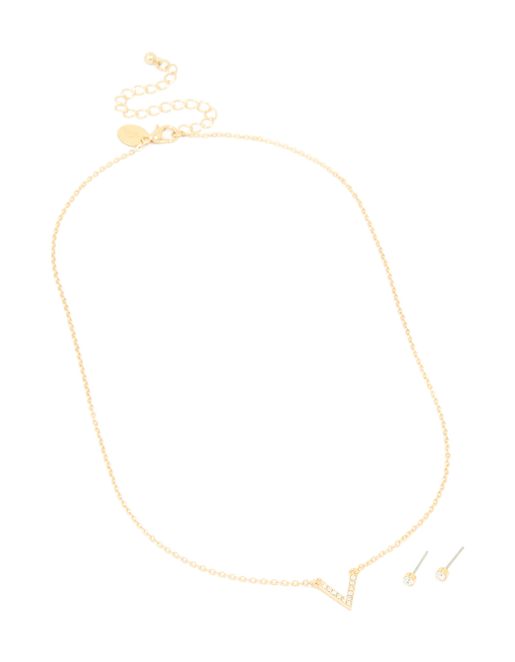 Gold Plated Cubic Zirconia V Pendant Necklace & Stud Earrings Set