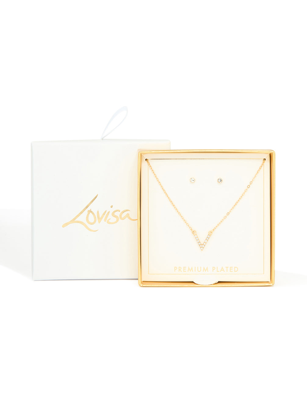 Gold Plated Cubic Zirconia V Pendant Necklace & Stud Earrings Set