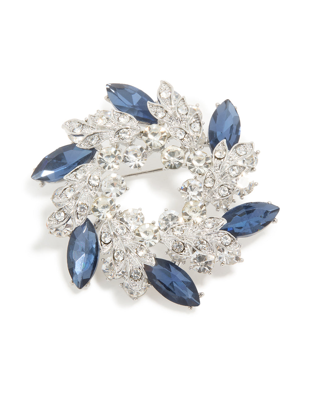 Silver Blue & Clear Diamante Leaf Wreath Brooch