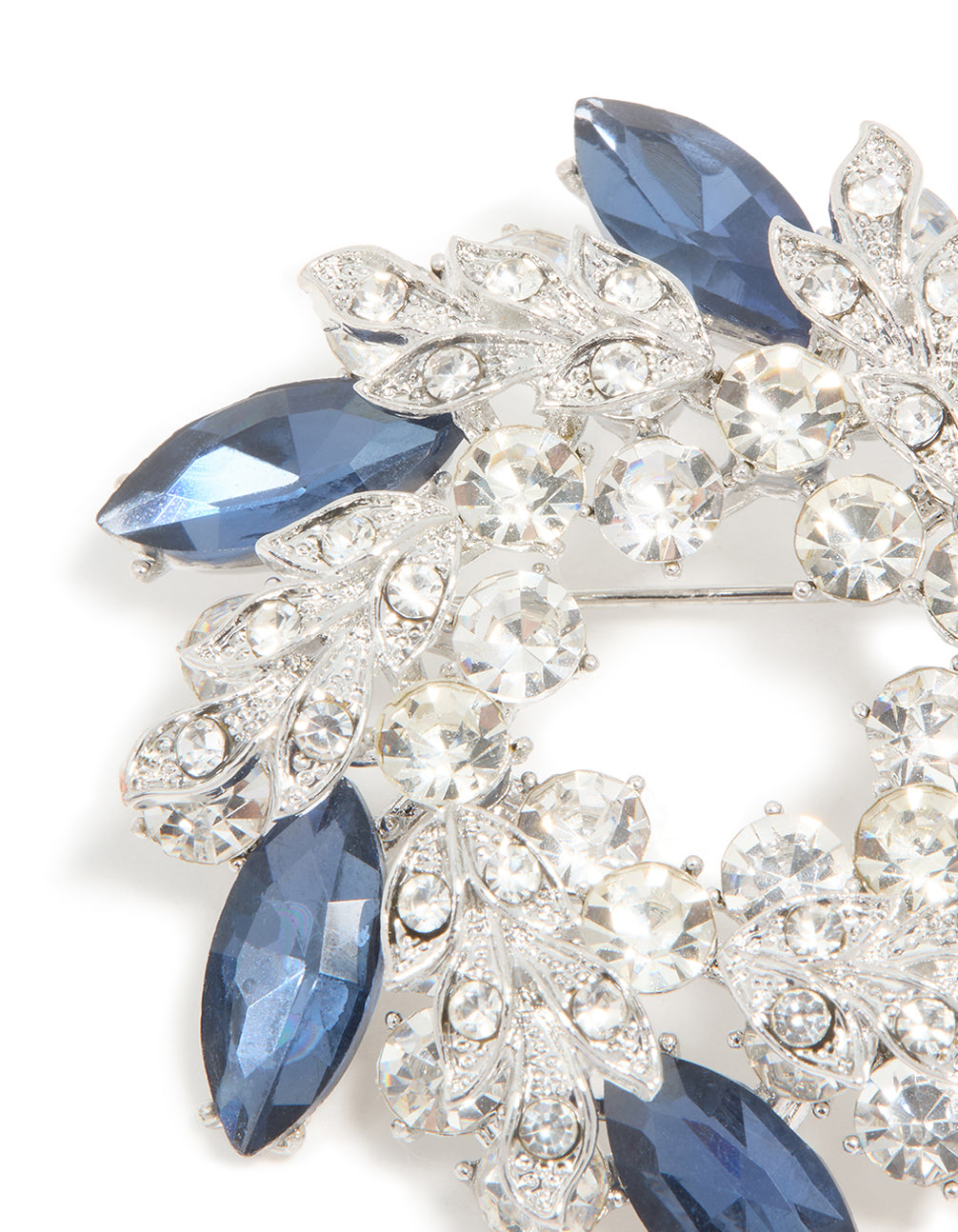 Silver Blue & Clear Diamante Leaf Wreath Brooch