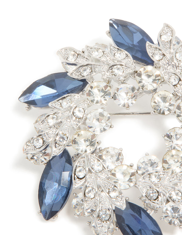 Silver Blue & Clear Diamante Leaf Wreath Brooch