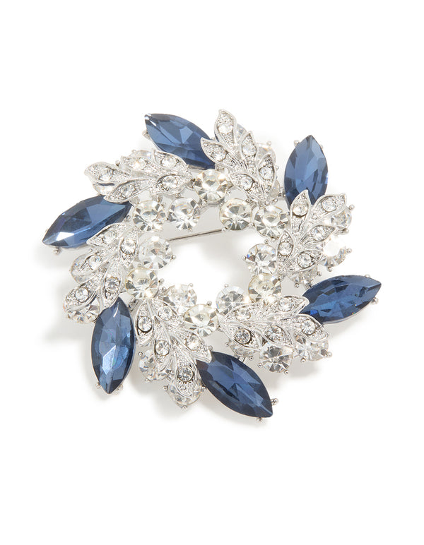 Silver Blue & Clear Diamante Leaf Wreath Brooch