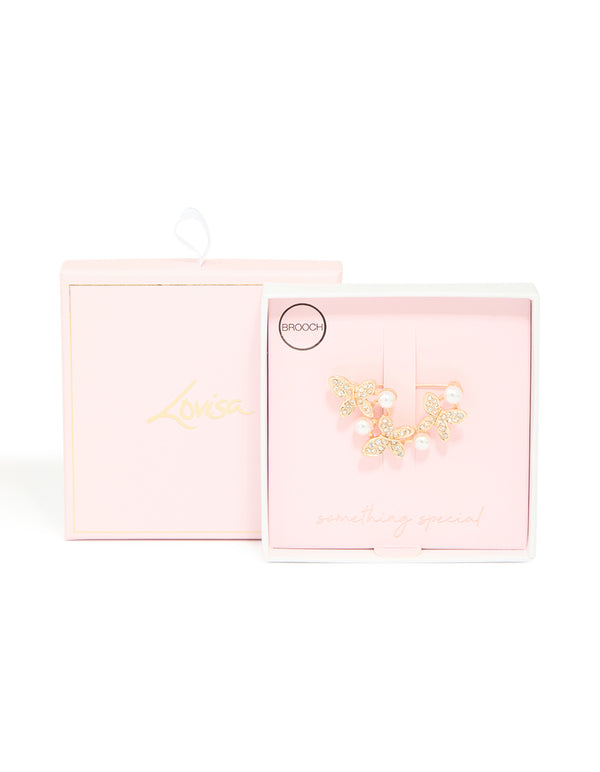 Gold Pearl Diamante Butterfly Trio Brooch