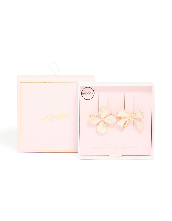 Gold Bow & Flower Brooches 2-Pack