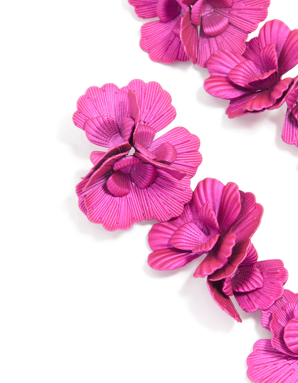 Fuschia Pink Coated Metal Triple Flower Drop Earrings