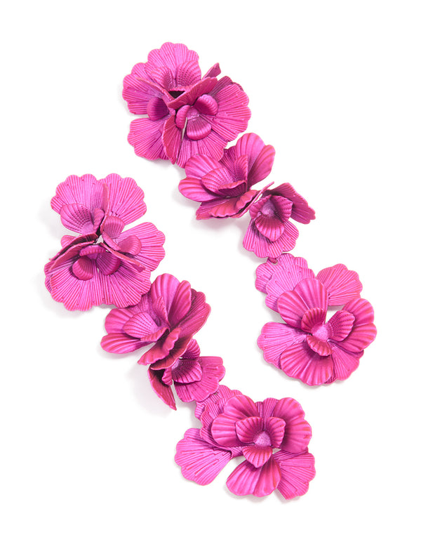 Fuschia Pink Coated Metal Triple Flower Drop Earrings