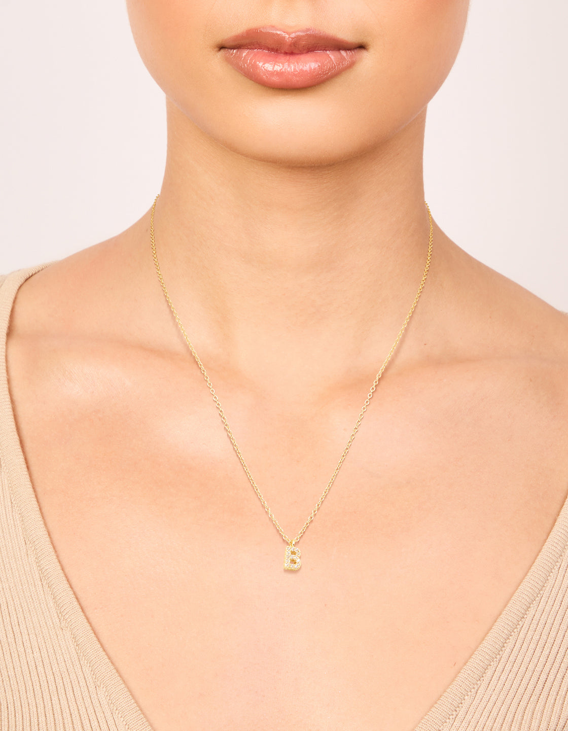 Gold Plated Brass Cubic Zirconia Letter B Pendant Necklace