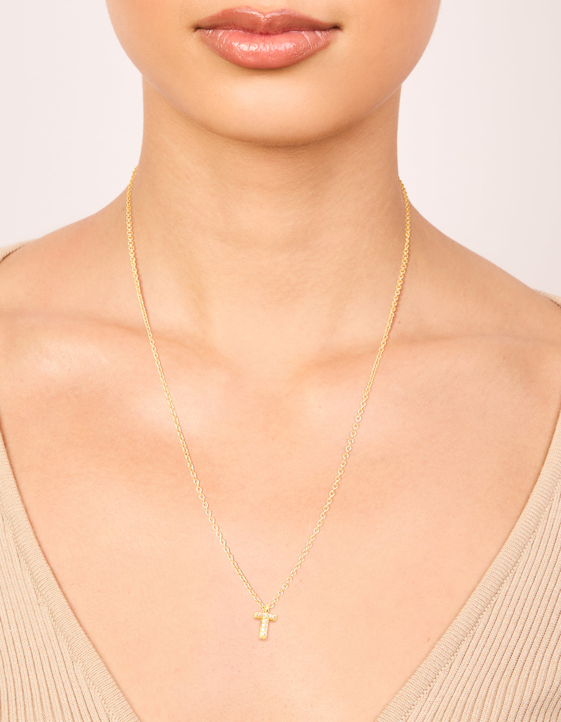 Gold Plated Brass Cubic Zirconia Letter T Necklace