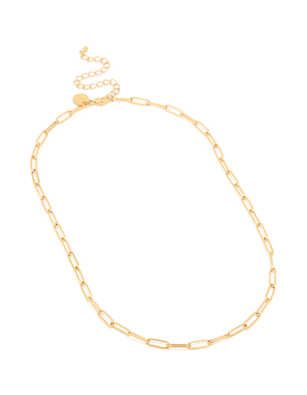 Presenting a waterproof gold plated stainless steel open oval link necklace in chunky style front view