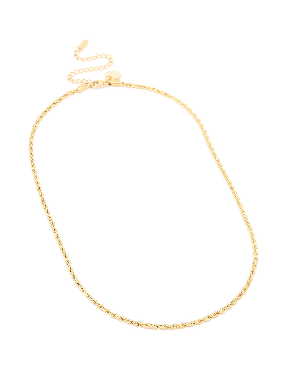 Elegantly presenting a waterproof twisted chain necklace in gold plated stainless steel front view