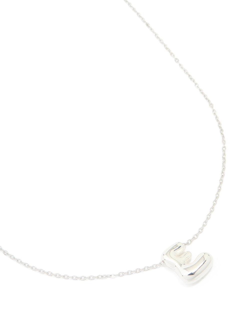 Crafted from waterproof stainless steel, this large bubble letter E initial pendant necklace features a silver finish in close up view