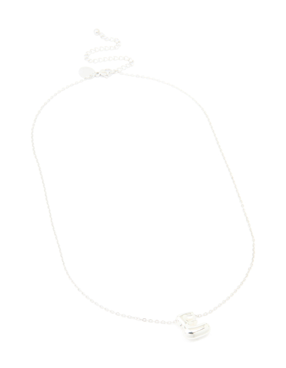 This waterproof stainless steel large bubble letter E initial pendant necklace in silver is displayed with full chain visible from front view