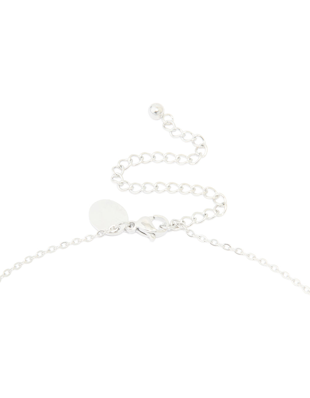A waterproof stainless steel large bubble letter E initial pendant necklace in silver highlighting the adjustable clasp detail view
