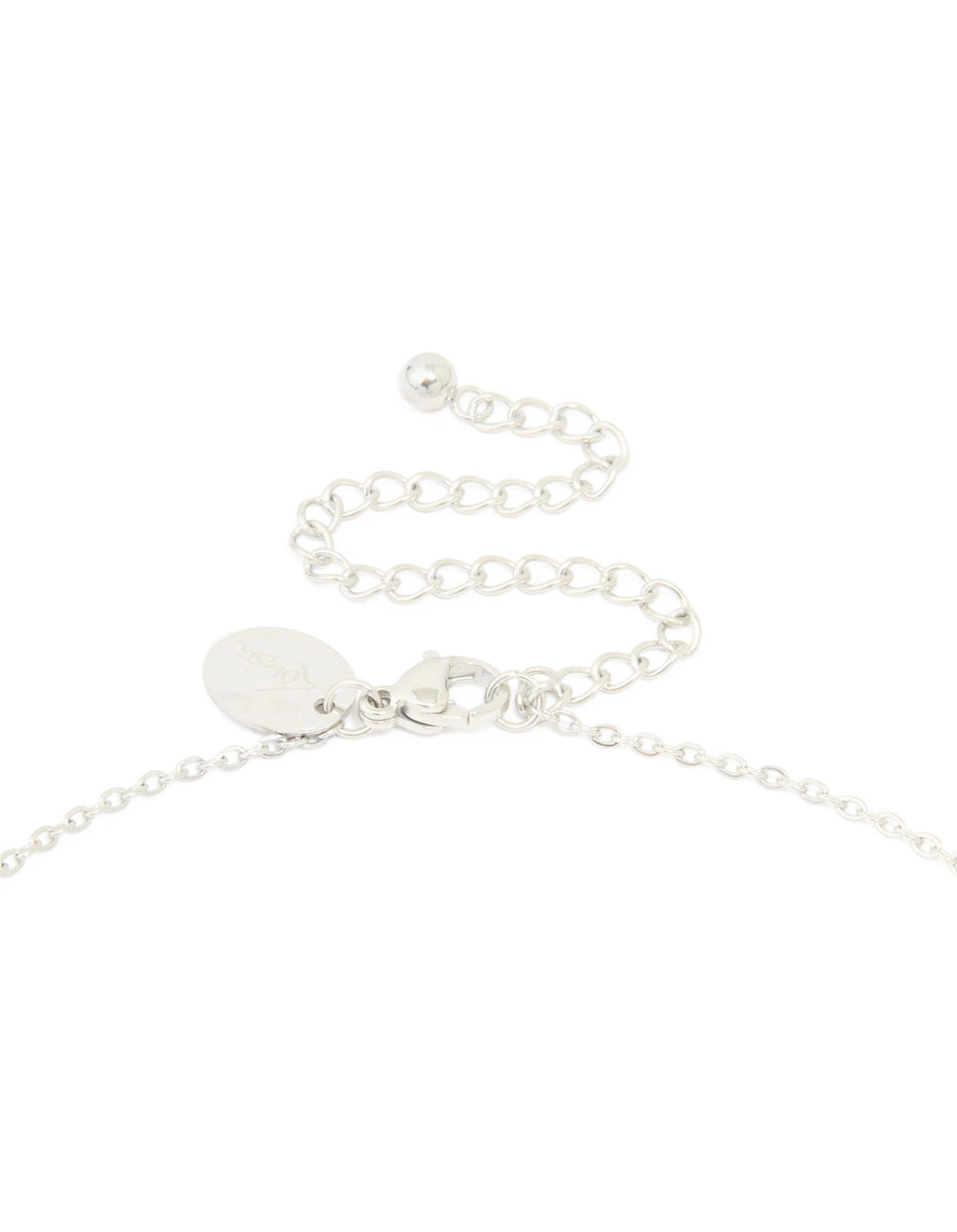Highlighting an initial pendant necklace crafted from waterproof stainless steel in silver with dainty styling clasp detail view