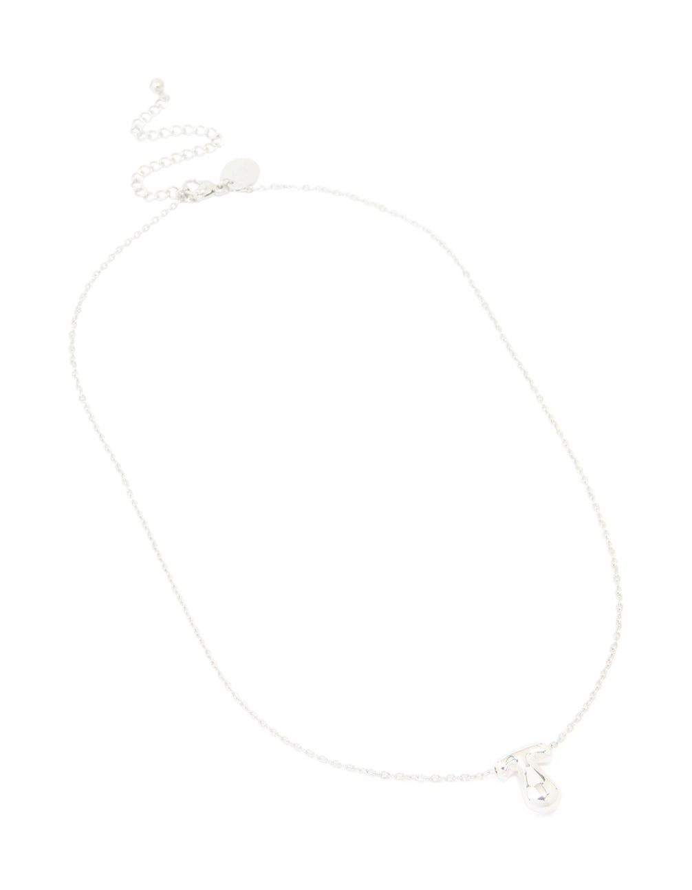 Showcasing a waterproof stainless steel large bubble letter T necklace with initials pendant in silver front view