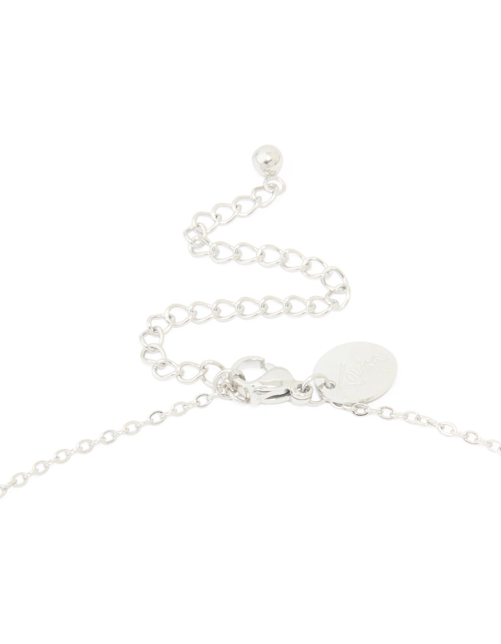 Presenting a waterproof stainless steel large bubble letter T necklace featuring initials pendant in silver clasp detail view