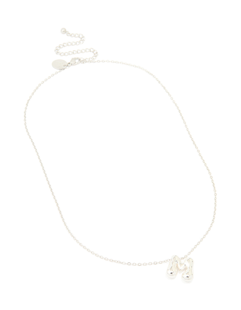 Featuring a waterproof stainless steel dainty initial pendant with large bubble letter M necklace in silver front view