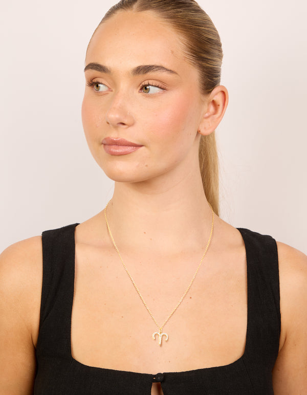 Waterproof Gold Plated Stainless Steel Cubic Zirconia Aries Zodiac Sign Necklace