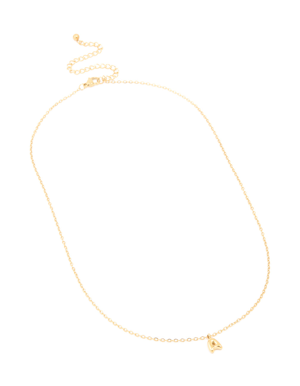 Behold this waterproof mini bubble letter A initial pendant necklace in gold plated stainless steel front view