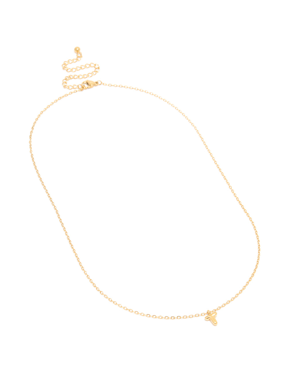 Beautiful waterproof mini bubble initial T pendant necklace in gold plated stainless steel with dainty chain front view