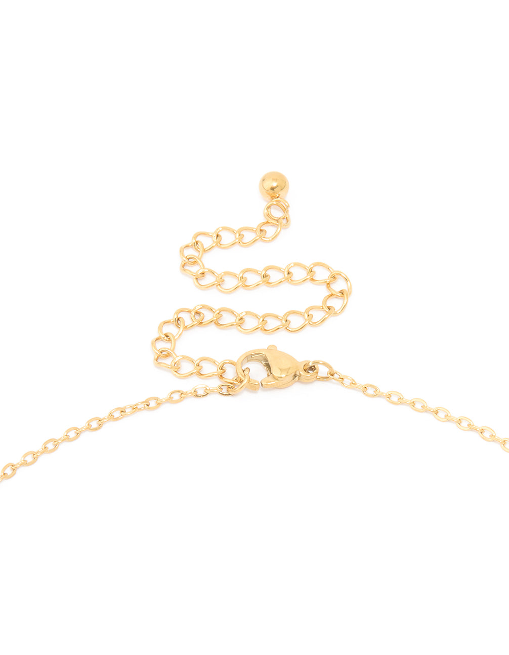 Sophisticated waterproof mini bubble initial T pendant necklace crafted from gold plated stainless steel in dainty style clasp detail view