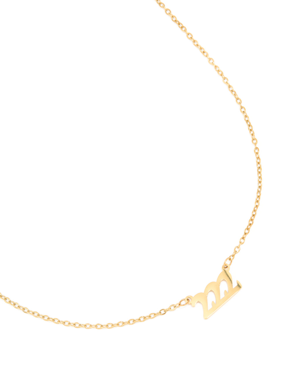 Showcasing a waterproof gold plated stainless steel angel number 222 necklace close up view
