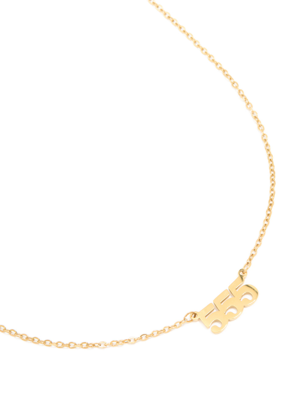 Featuring angel number 555 necklace in waterproof gold plated stainless steel with numbers detail close up view