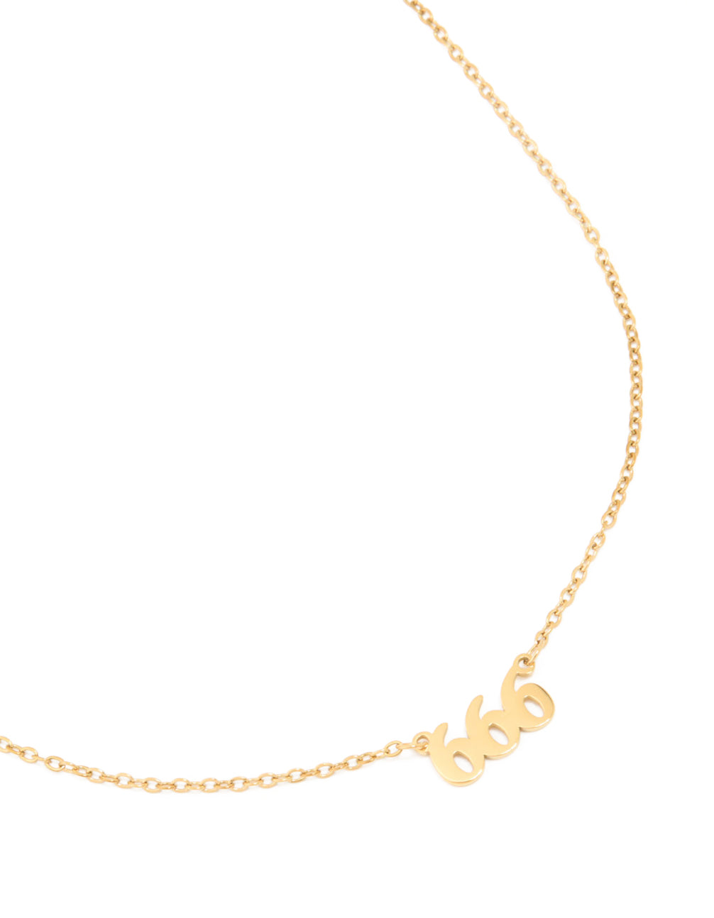 Showcasing a waterproof angel number 666 necklace crafted from gold plated stainless steel featuring numbers in a dainty style close up view