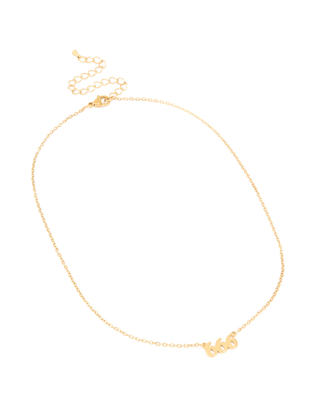Discover a waterproof angel number 666 necklace in gold plated stainless steel featuring numbers and dainty design front view