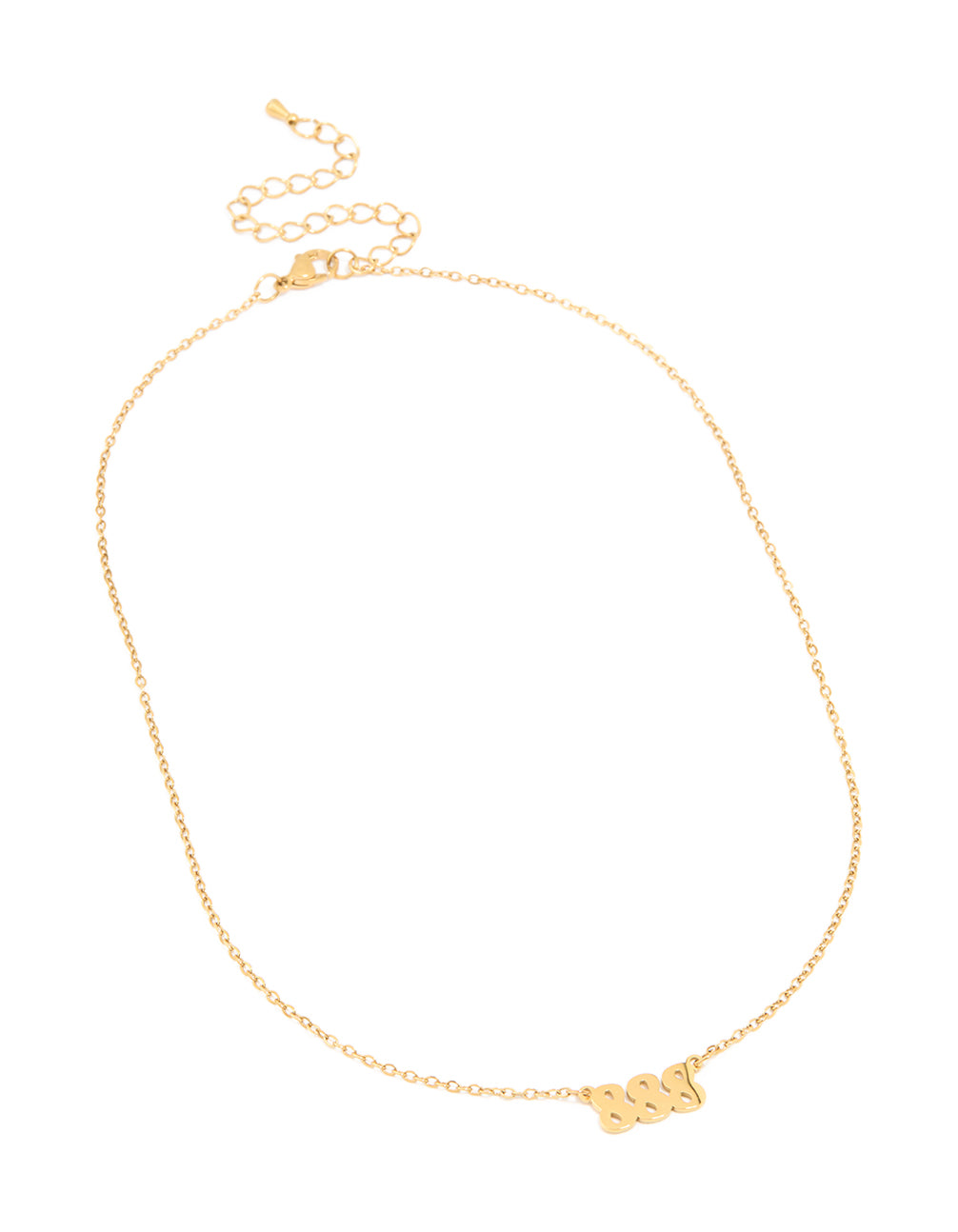 Presenting a waterproof angel number 888 necklace in gold plated stainless steel with complete chain and numbers feature front view