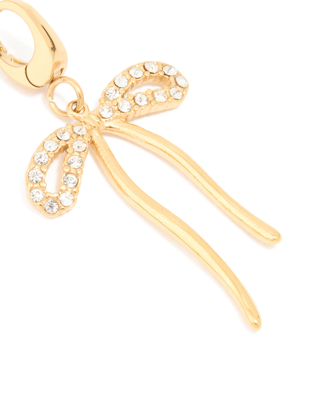 Showcasing a bow charm featuring waterproof stainless steel with pavé cubic zirconia in gold plated finish close up view